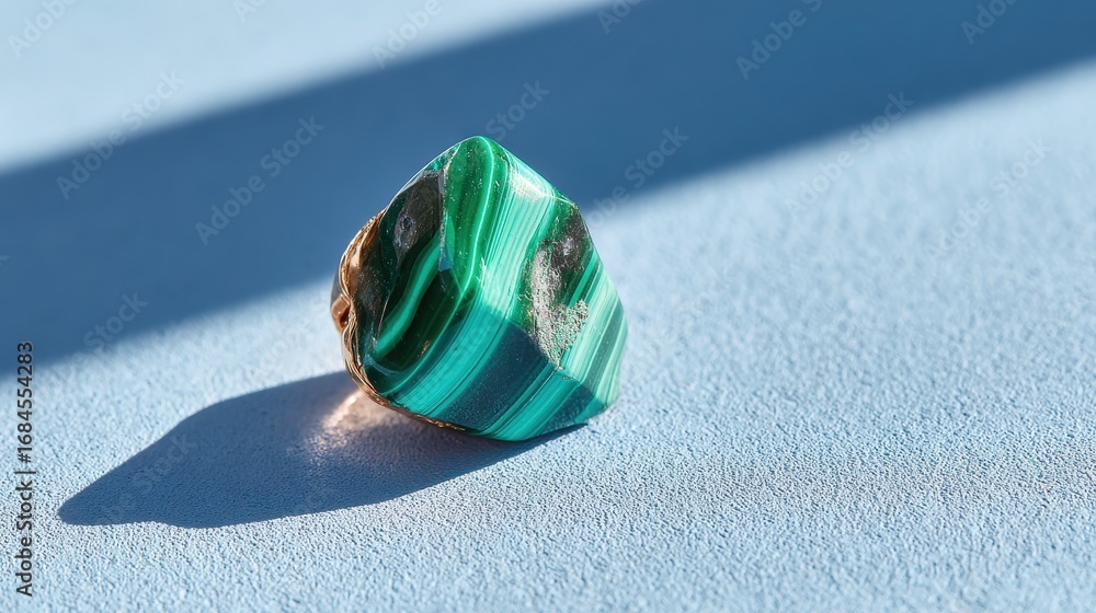 Poster close up view of a green malachite gemstone with unique striations resting on a light blue textured 