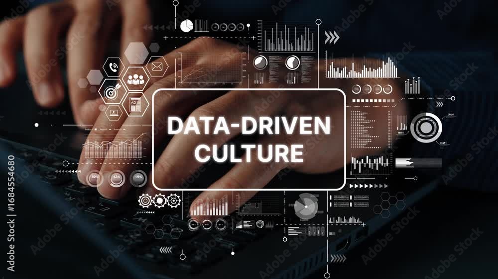 Aufkleber Hands Typing on Laptop with Data Visualization Graphics Representing Data-Driven Culture and Insights in Modern Business Environment. Asymptotic smart data analytic.