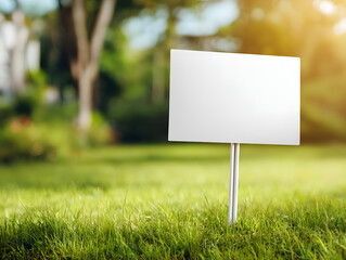 Blank signpost on a grassy field with blurred trees in the background, perfect for customization and advertising purposes on a sunny day