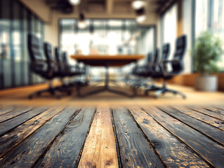 Blurry modern office meeting room with polished wooden floor in foreground, professional business environment for discussion and strategy