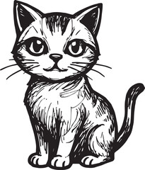 Cat Doodle Black and White Illustration Vector Image Cute Kitten Sketch Line Art Drawing Silhouette
