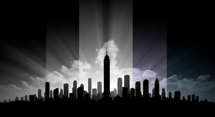 Fototapeta premium Dramatic Cityscape Silhouette with Beams of Light Shining Through Clouds above Buildings