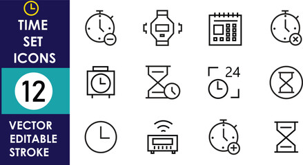 The image shows 12 clean vector time icons including clocks, hourglasses, smartwatches, calendars, alarms, and timers, designed with minimal editable strokes for modern use