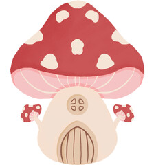 Whimsical red mushroom house with cute details. Perfect for woodland, garden, and fantasy dwelling illustrations.