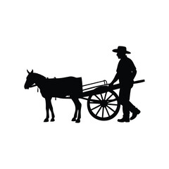 Fototapeta premium Silhouette of a farmer with his mule and cart on a white background, farmer with farm cart silhouette vector illustration