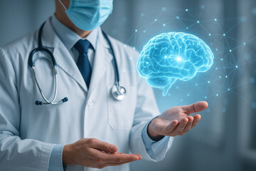 AI generated futuristic healthcare scene showing doctor with digital hologram brain analysis highlighting neural network technology precision and medical innovation