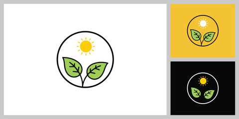 Eco Plant Icon with Leaves and sun - Organic and Nature Symbol