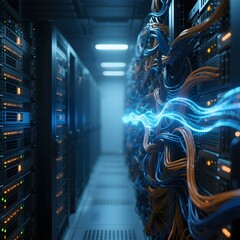 서버룸파란조명데이터흐름미래기술