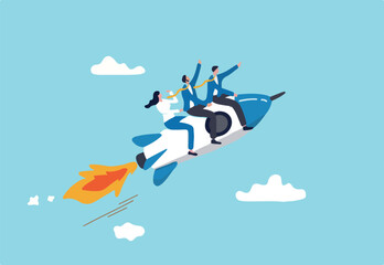 Business growth, investment profit increase, growing fast or improvement sales and revenue, progress or development concept, businessman riding rocket on growth bar graph or rising up revenue chart