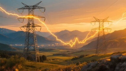 황금빛노을과송전탑풍경