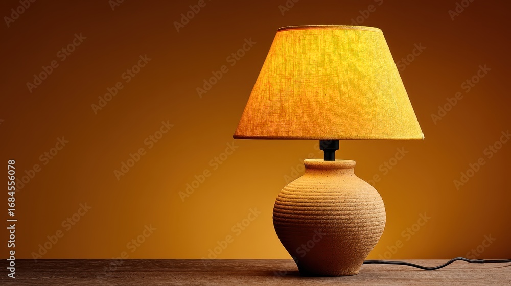 Aufkleber warm lit table lamp with a textured, clay like base and a conical shade. the background is a muted o