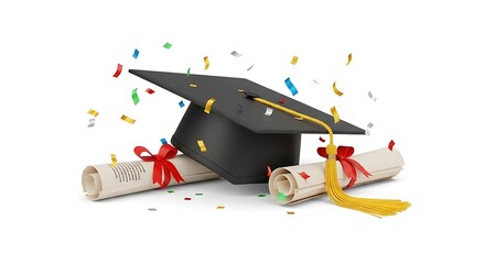 A black mortarboard and two rolled scrolls symbolizing diplomas, surrounded by festive confetti, representing graduation and educational milestones