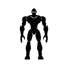 Black Silhouette of a Muscular Robot Warrior Standing Guard on a White Background, humanoid robot silhouette vector illustration