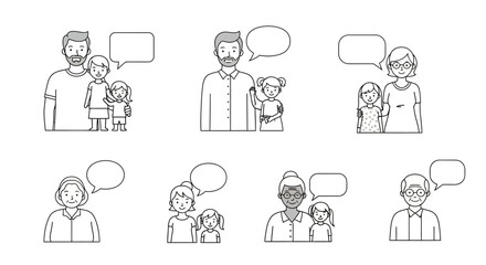 Fototapeta premium Diverse generations communicating illustrated through simple line drawings with speech bubbles and