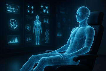 AI generated futuristic medical illustration showing a glowing hologram human body in a high tech virtual lab with digital health data and advanced analysis interface