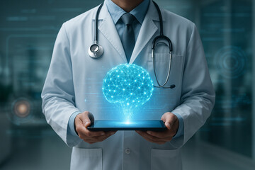 AI generated image of a doctor holding a digital tablet with a glowing holographic brain sphere symbolizing AI neural networks and futuristic healthcare technology