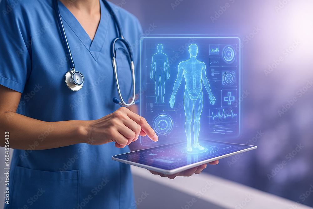 Aufkleber ai generated futuristic healthcare scene showing a medical professional using a tablet with holograp