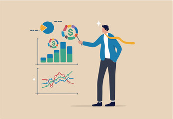 Data analysis chart and report, financial research or analyze information for marketing insight, analytics or optimization diagram, smart information, businessman analyze data with magnifying glass