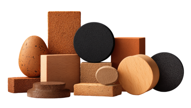 Geometric shapes, various colors and textures, stacked