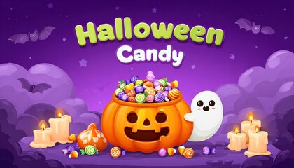 Halloween Candy Bucket with Playful Ghost and Pumpkins, Festive Autumn Background with Bats and Stars, Cartoon Vector for Seasonal Marketing