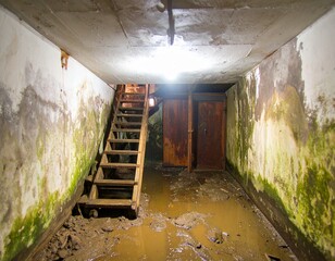 Creepy, damp basement with wooden stairs and rusty doors, evoking a sense of mystery and decay.