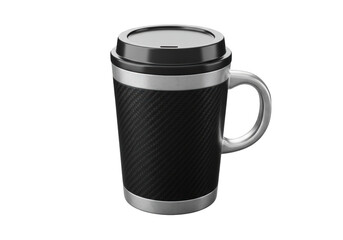 Isolated coffee mug with black carbon fiber exterior and lid for hot beverage to go or at home