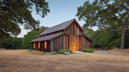 Obraz premium Rustic wooden barn surrounded by trees at dusk with warm light glowing from windows, showcasing a peaceful rural landscape in golden hour ambiance