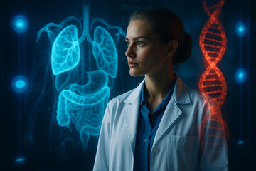 AI generated female doctor with digital hologram anatomy background showing lungs nerves and dna glowing in blue and red futuristic healthcare concept
