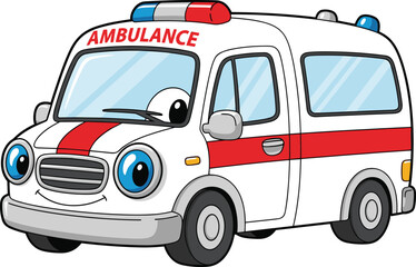Cartoon Ambulance with Eyes and Smile &ndash; Friendly Emergency Vehicle Vector for Kids Education, Healthcare Awareness, and Coloring Pages