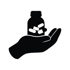 Hand holding a bottle of pills, offering medication for treatment and care, supplement pills in hand silhouette vector illustration