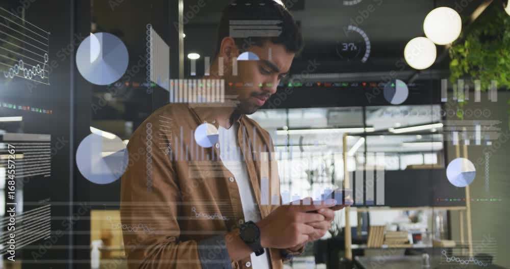 Poster stock market and statistical data processing against hispanic man using smartphone at office