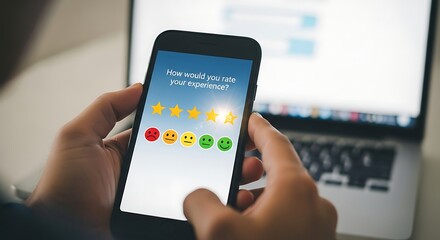 Person holding a smartphone displaying a weather app with a laptop in the background