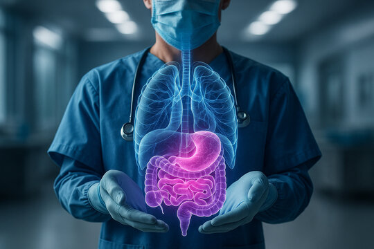 AI generated futuristic hologram of human torso glowing with lungs stomach and intestines held by surgeon symbolizing advanced medical technology healthcare diagnostics and innovation