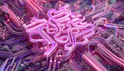 Neon glyph calligraphy fused with circuit traces over pink tech terrain