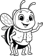 Cheerful cartoon bee character waving, anthropomorphic insect with expressive face and wings, vector illustration for kids and educational design