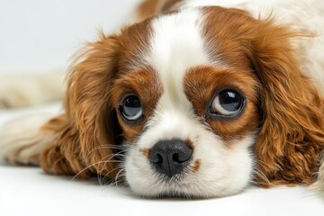 Melancholic Cavalier King Charles Spaniel puppy photo against a plain white backdrop Well trained pet portraits for various themes