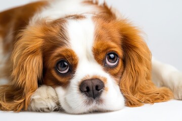 Melancholic Cavalier King Charles Spaniel puppy photo against a plain white backdrop Well trained pet portraits for various themes
