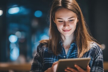 Young attractive Caucasian woman with brown straight hair using a smartphone and tablet while smiling at the screens illustrating multitasking and technology in social networking