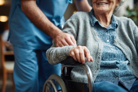 Image of a male nurse assisting an elderly woman from a wheelchair in a care facility