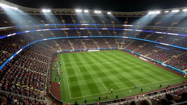 Full soccer stadium with fans cheering and bright lights for a night football game view from above