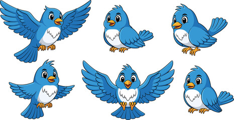 Cartoon blue birds in six different poses with expressive eyes and orange beaks, vector illustration for kids and animation