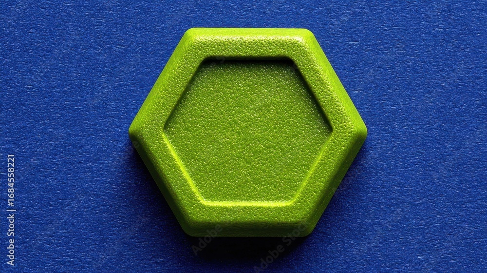 Poster close up view of a lime green hexagon on a dark blue background. the hexagon has a slightly textured