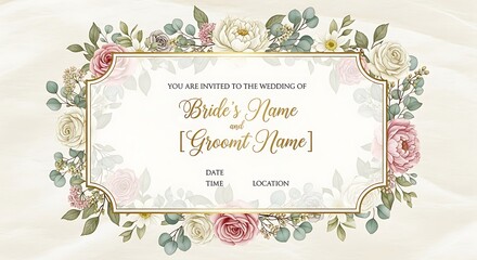 Elegant wedding invitation with floral frame and gold lettering on a textured background