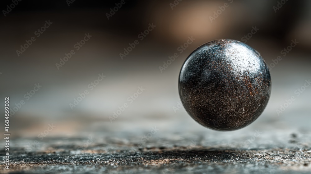 Poster close up of a metallic sphere with glitter, levitating above a dark textured surface. dark backgroun
