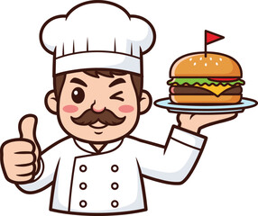 Cartoon chef holding hamburger, winking with thumbs-up gesture, white hat and coat, playful culinary character for food-themed illustration