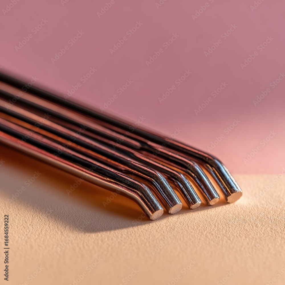 Poster close up of metallic, slender objects with curved ends resting on a pale, textured surface against a