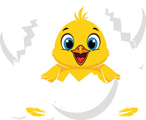 Cute baby chick hatching from egg cartoon vector illustration with broken shell, feathers, and cheerful expression for children’s content