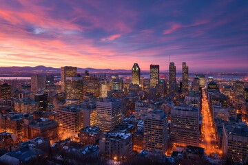 Montreal Spring. Aerial Sunset View with Canada's Mountains and Nature Panorama