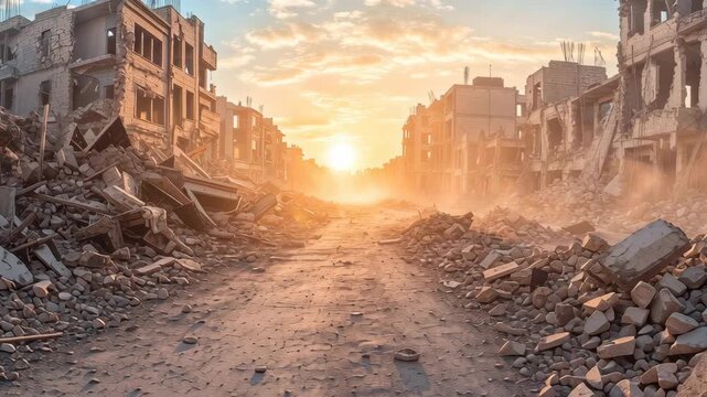 Destroyed building rubble dust urban decay disaster sunset road debris ruins war zone aftermath destruction city street dramatic sky desolation