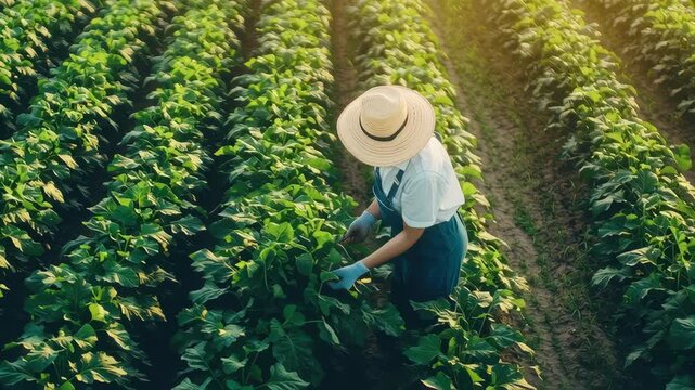 Person working green vegetable farm wearing hat and gloves tending healthy plants sunlit agricultural field with care and focus warm sunlight